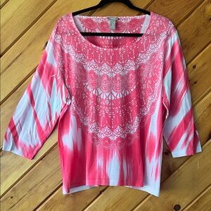 Chico's 3 Pink and White Lace Pattern Blouse 3/4 sleeves women’s XL 16